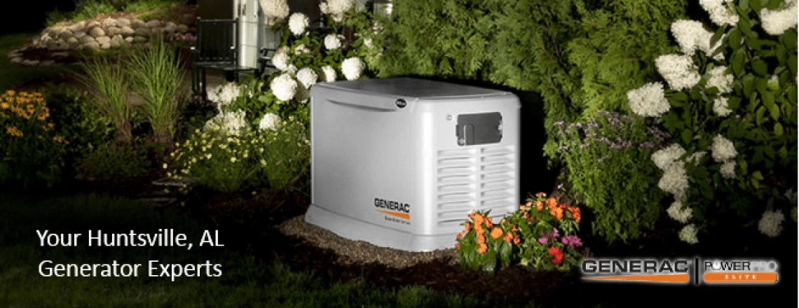 A Generac brand home generator pictured outside with the text Your Huntsville, AL Generator Experts