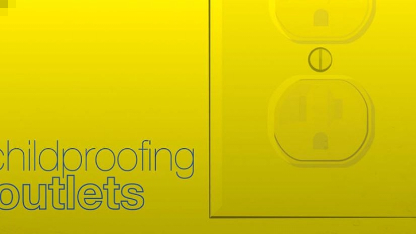 The text childproofing outlets appears on a yellow background next to the outline of an electrical outlet.