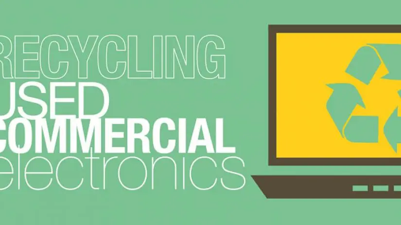 recycling used commercial electronics with a laptop with laptop picture that has a recycle logo as the wallpaper.