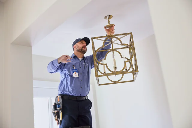 Local electrician installing a dining room ceiling light fixture