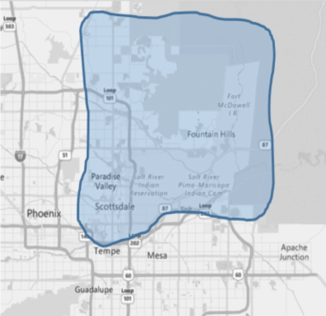 Map displaying service area of Mr. Electric of Phoenix Metro.