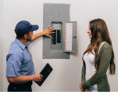 Male Mr. Electric electrician inspecting circuit breaker beside female customer.