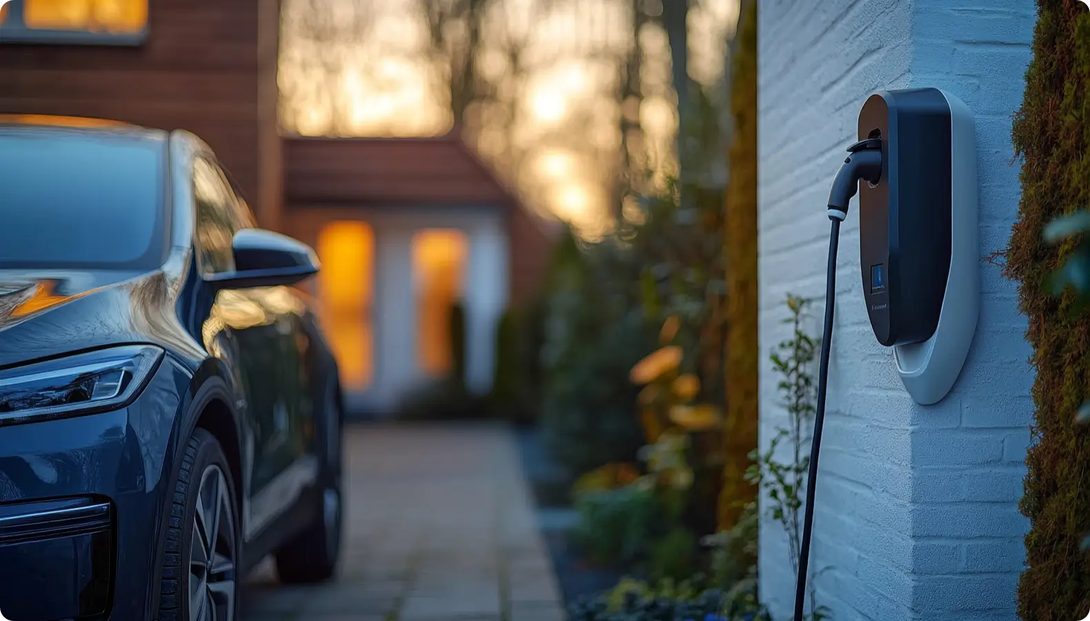 A dark metallic blue electric car is parked on a paved driveway next to a modern white brick house. A black and white EV charger is mounted on the exterior wall of the house, and a charging cable is plugged into the car's charging port. The scene is set outdoors with blurred greenery and a warm sunset glow in the background.
