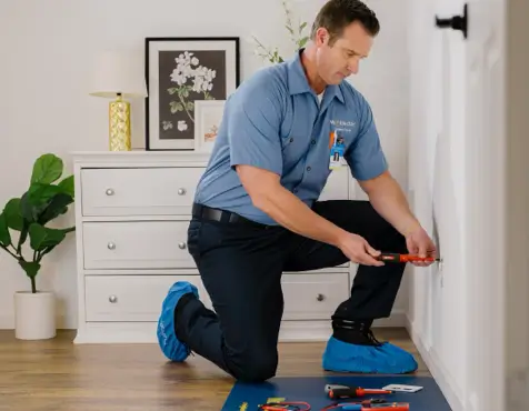 Electrician in blue shirt and shoe covers kneeling on the floor, replacing wires in a wall outlet of a bright, neatly decorated living room with plants, artwork, and white dresser.