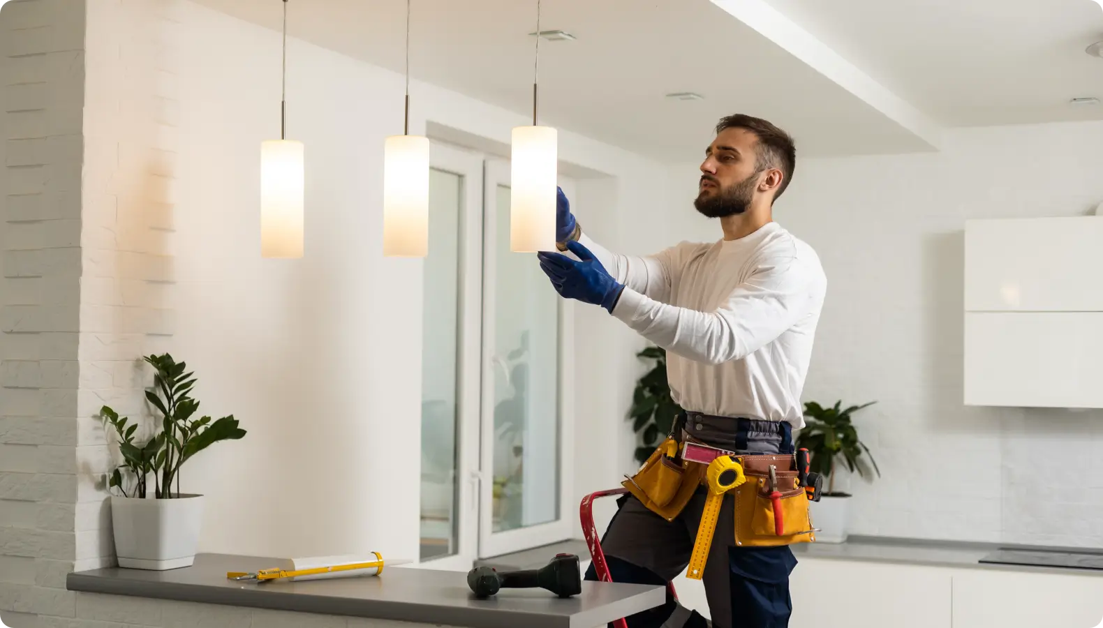 A bearded electrician wearing a white long-sleeved shirt, gray work pants with a tool belt, and blue gloves is standing on a red and black ladder, installing a modern cylindrical pendant light fixture in a bright, minimalist interior. Three similar light fixtures are already hanging. A gray countertop with tools and potted plants are visible.