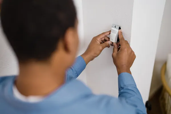 Electricians installing occupancy sensors.