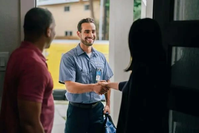 A couple in an open doorway and the woman shaking hands with a Mr. Electric electrician outside
