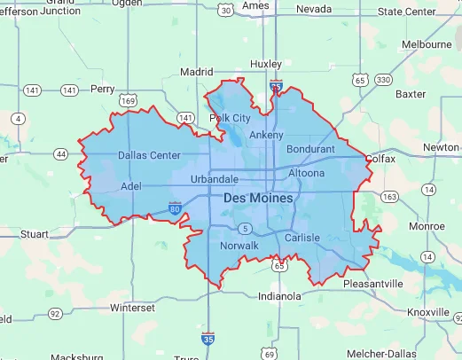 Map of areas we serve around Central Iowa