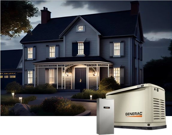 Large house with closeup of a Generac Generator.