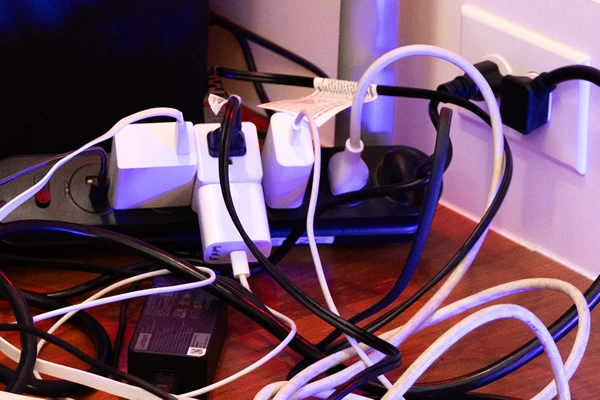An overloaded and outdated power strip with five outlets - each outlet has a plug installed.
