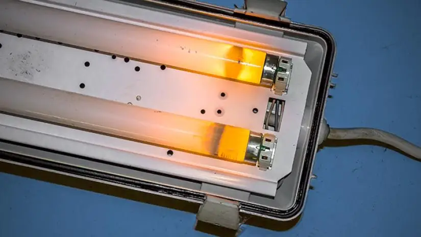 A dingy old white fluorescent light fixture with two fluorescent light tubes emitting orange light.