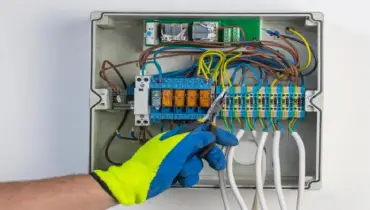 Electric wiring box with lots of wires. Master Internet connection and wires for smart home management.