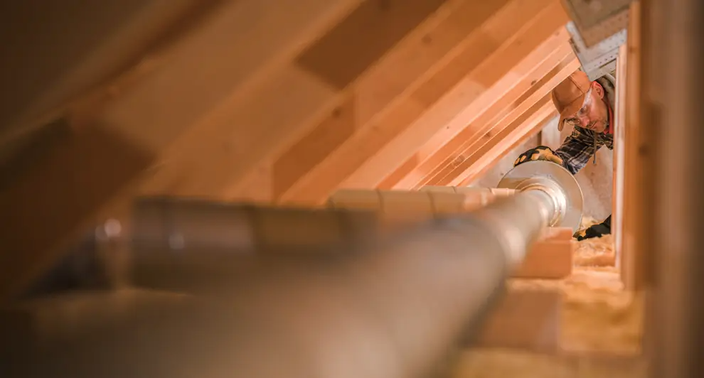 Technician wearing brown cap, safety glasses, gloves, and plaid shirt installing a metal ventilation duct inside a wood-framed attic, surrounded by insulation.