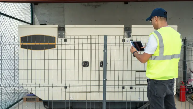 Service professional in safety vest inspecting newly installed commercial standby generator with tablet