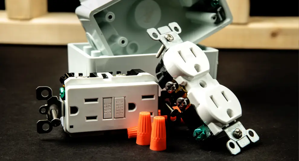 Close-up of two types of electrical outlets—a GFCI outlet with test and reset buttons, and a standard duplex outlet—displayed on a dark surface with plastic wire connectors and an open gray electrical box in the background.