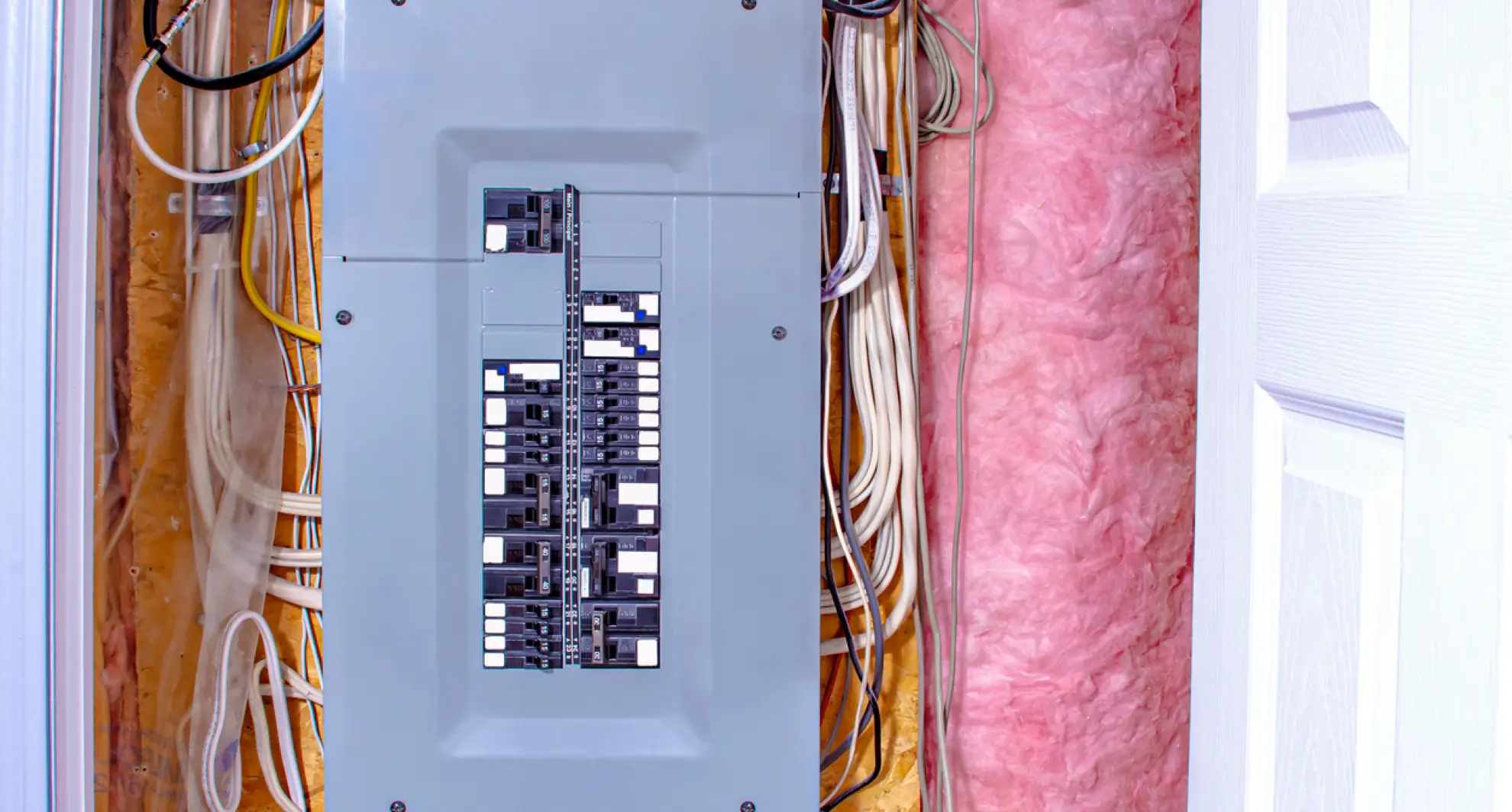 Electrical breaker panel with no tripped breakers in utility room