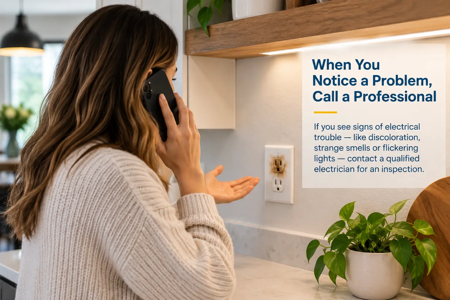 Homeowner calling a professional after noticing discoloration around an electrical outlet.