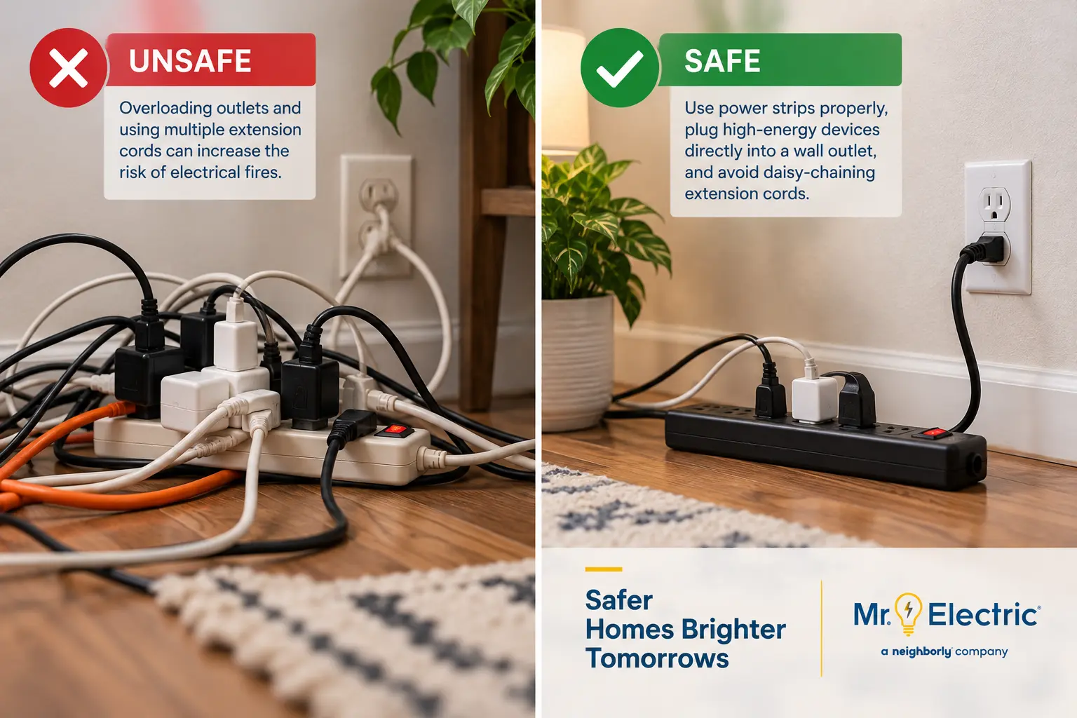 Comparison of overloaded power strips and safer electrical outlet and power strip use.