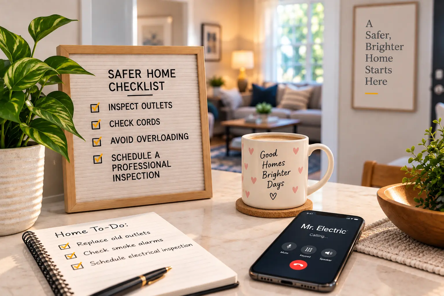 Home electrical safety checklist beside a phone calling Mr. Electric to schedule a professional electrical inspection.