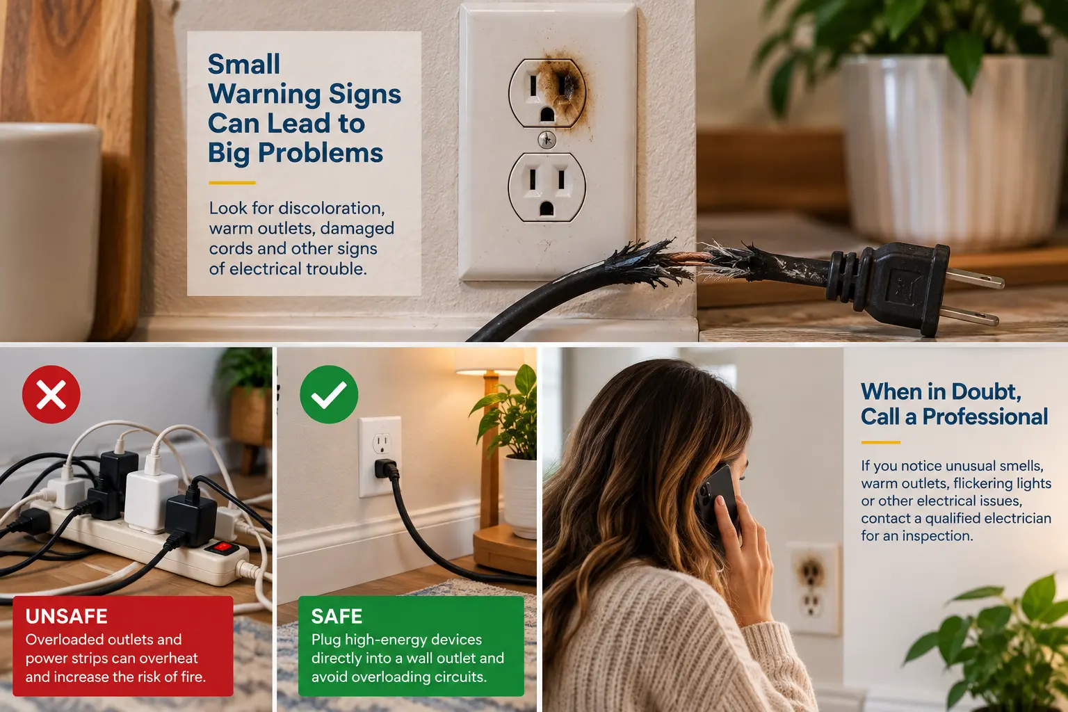 Examples of electrical fire warning signs, including a discolored outlet and damaged electrical cord.