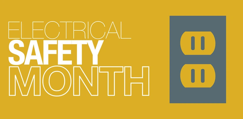 Blog graphic yellow with outlet electrical safety month copy.