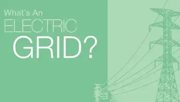 Text reading What's an electric grid next to illustration of an electricity transmission tower.