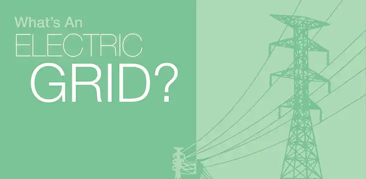 Text reading What's an electric grid next to illustration of an electricity transmission tower.