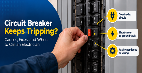 Hand adjusting a breaker switch inside a residential electrical panel.