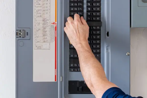 A Mr. Electric professional in a blue shirt inspecting breakers in a gray metal breaker box.