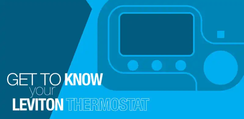 Text that reads Get to Know Your Leviton Thermostat over an illustration of a digital thermostat.