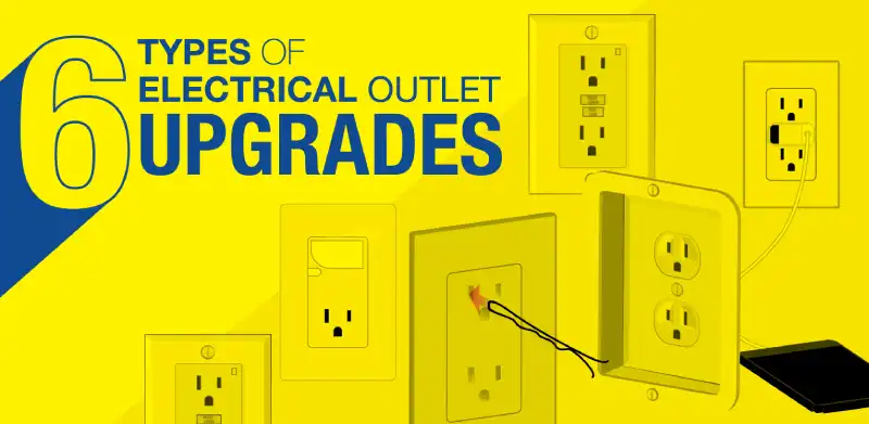 Text that reads 6 types of electrical outlet upgrades and illustrations of outlets.