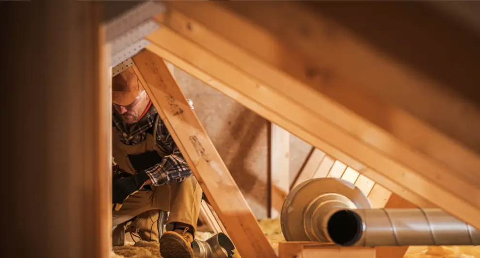 Handyman in tan overalls, plaid shirt, work gloves, and brown hat crouching inside an unfinished attic, working with a round metal duct among wood rafters.